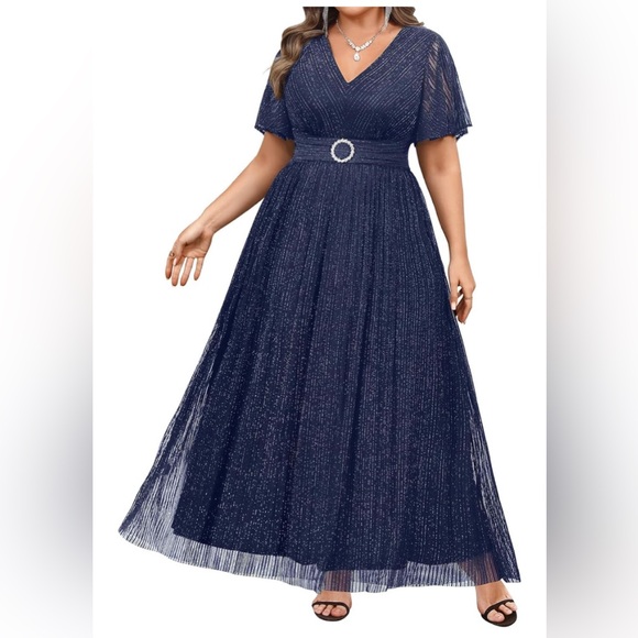New Navy Blue Plus Size Formal Dress Sparkly Maxi Dress with Short Sleeves - Picture 1 of 7